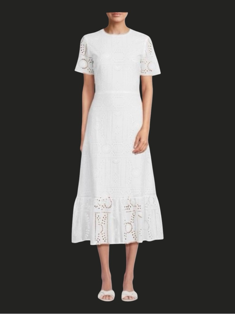 The Kooples Paris Embroidered White Eyelet Midi Dress, Lined, Size 1.
